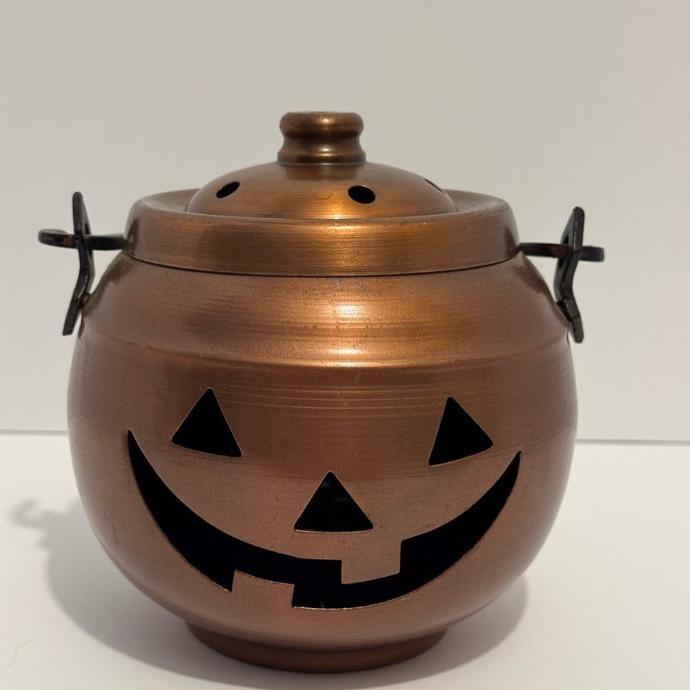 Vintage Hosley Copper Halloween Pumpkin Jack-O'-Lantern Candle Holder W/Lid